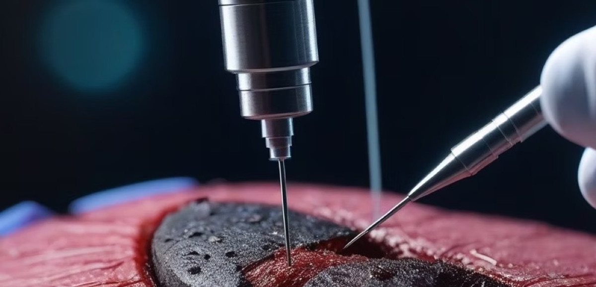 Radiofrequency ablation probe being guided into position